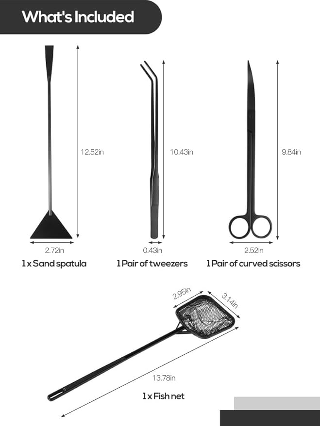 4-in-1 Tool Kit for Small Aquariums, Includes Curved Scissors, Tweezers, Sand Spatula & Fish Net