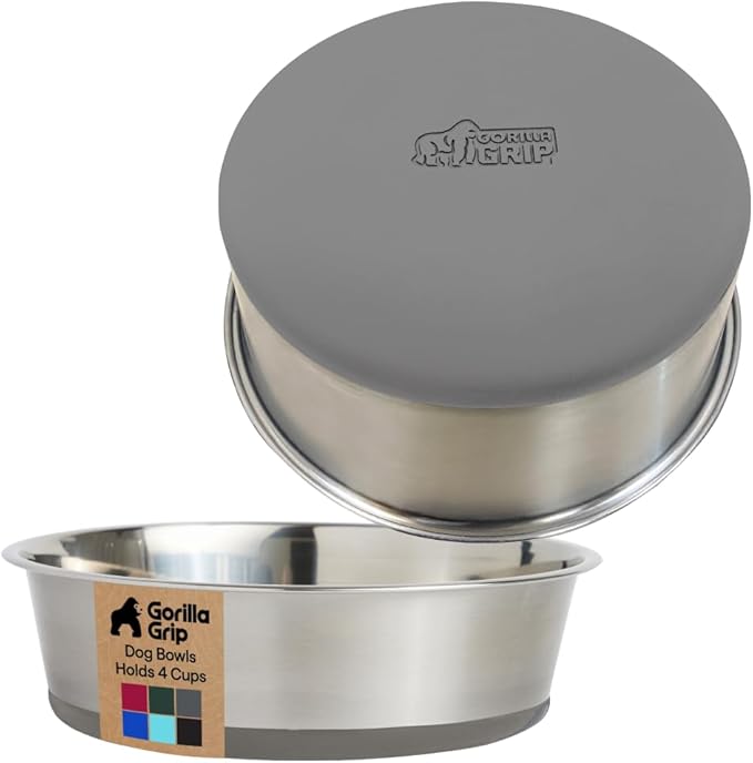GORILLA GRIP Dog Bowls, Holds 4 Cups Each (32 fl oz), Heavy Duty Stainless Steel Food and Water Bowl for Feeding Dogs and Cats, Dishwasher Safe, Rust Resistant, BPA Free Rubber Base, Set of 2 Gray