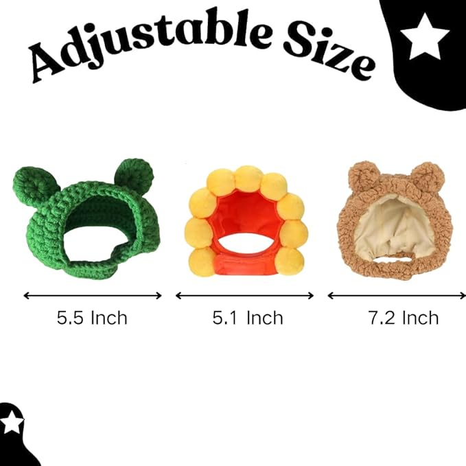 ParcaCrivra Cat Hats for Cats Only 3 Pack - Frog Brown Bear Sunflower Pet Headwear, Adjustable Velcro Strap, Cute Costume Accessory for Cats