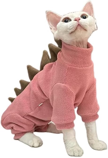Sphynx cat Clothes, Dinosaur Costume, Hairless Cats Warm Clothes for Cornish Rex and Devon Rex (Red, L(5.5-8lbs))