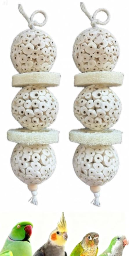 Triple Stack Natural Sola Ball and Loofah Slice Hanging Toy - Medium Birds - Set of Two (Medium)