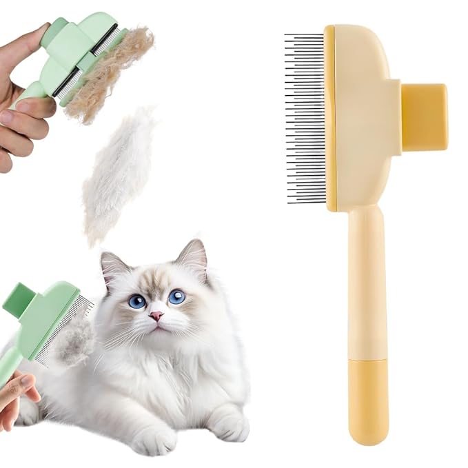 Self Cleaning Pet Hair Removal Comb, Pet Comb with Long Short Stainless Steel Metal Teeth, Cat Grooming Brush, Pet Grooming Supplies for Cat, dog (Yellow-1 pcs)