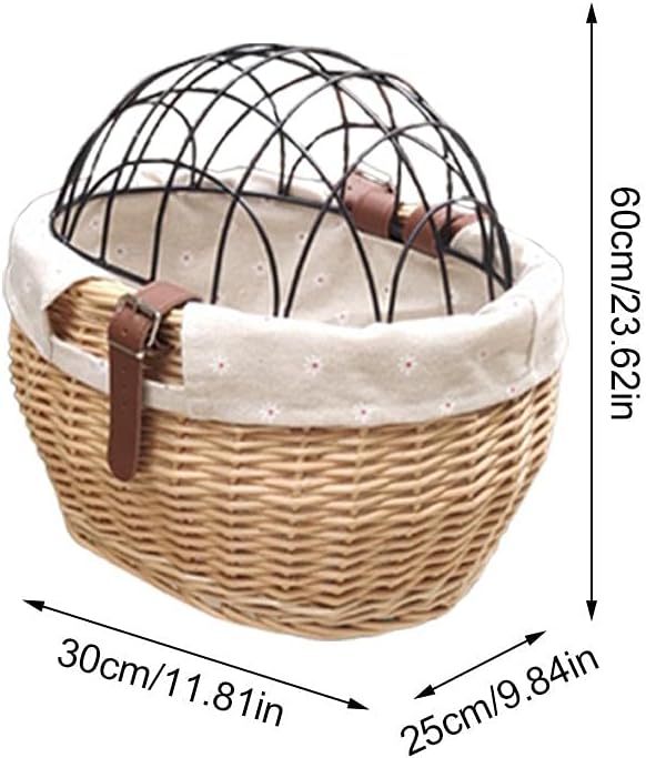 Wicker Bike Basket for Small Dogs Cats Pet Carrier Bicycle Front Basket with Wire Mesh Cover, 30*25cm