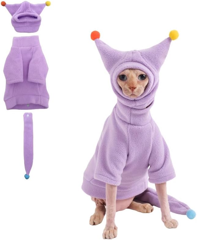 Sphynx Cat Clothes, Warm Cat Jumpsuit with Hat and Tail Cover, Full Set for Hairless Cats, Cornish Rex and Devon Rex (Purple, L(6.5-8lbs))