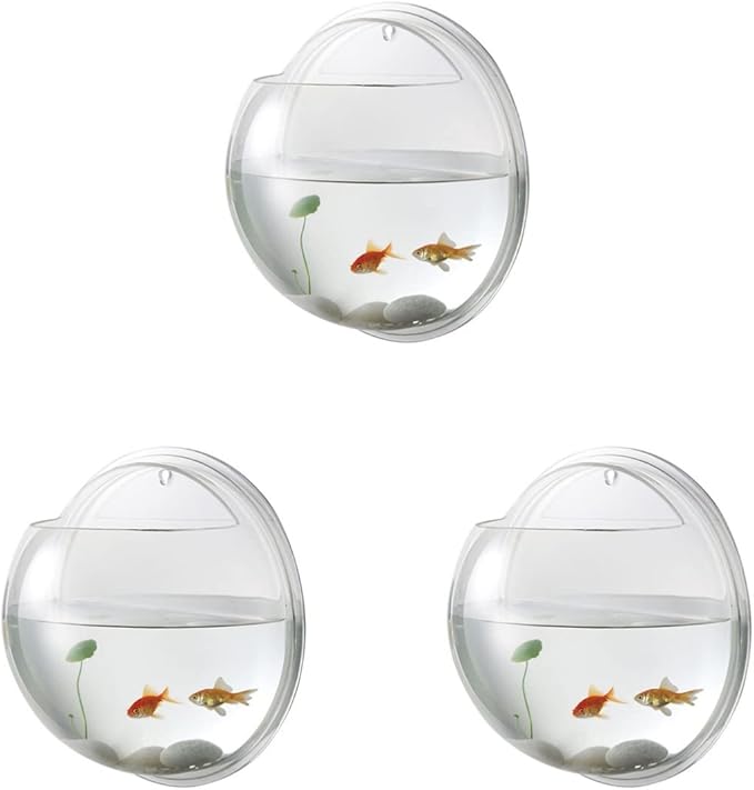 Wall Fish Tank, Betta Mini Garden Air Aquarium, Bubble Water Round Bowl Cups Semi- Farming Wall Goldfish Acrylic Decoration Hanging Transparent 3Pcs