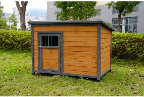 44.2" Large Dog House Outdoor Weatherproof Wooden Dog Kennel, Dog Houses for Large Dogs Outside with XL XLarge Dog House Doghouse, Grey+Yellow