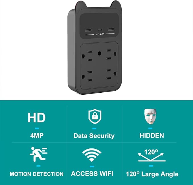 Wall Outlet Camera USB Charger Camera, 2K HD Wireless Nanny Cam with 120° Wide Angle for Home, Pets & Office Indoor Security-Black