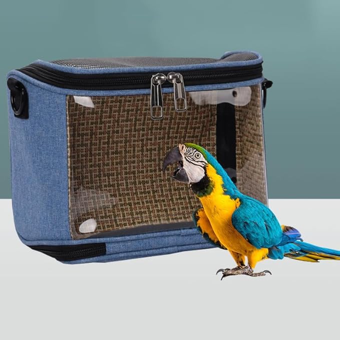 Portable Bird Carrier Bag with Mesh Windows, Blue, Travel Carrier for Parrots and Small Pets, 25x18x14.5cm, with Adjustable Shoulder Strap