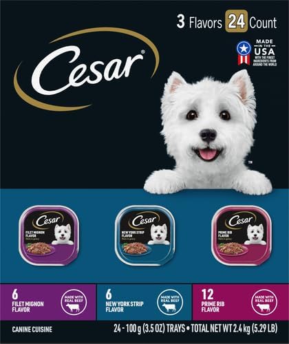 Cesar Filets in Gravy Adult Wet Dog Food Variety Pack, Filet Mignon, New York Strip, and Prime Rib Flavors, 3.5 oz. Easy Peel Dog Food Tray, 24 Count (Pack of 1)