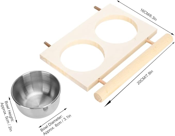 Bird Feeding Dish Cup with Wood Stand Stainless Steel Parrot Food Bowl Water Feeder Cage Accessories with Perch for Cockatiel Parakeet