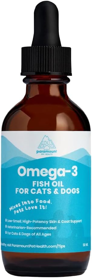 Paramount Pet Health Wild-Caught Omega 3 Fish Oil for Dogs & Cats, Liquid EPA DHA Supplement for Skin, Coat, Joints & Heart, Low-Odor Omega 3 Drops for Small Dog Breeds & Cats with Itchy Skin, 2 oz