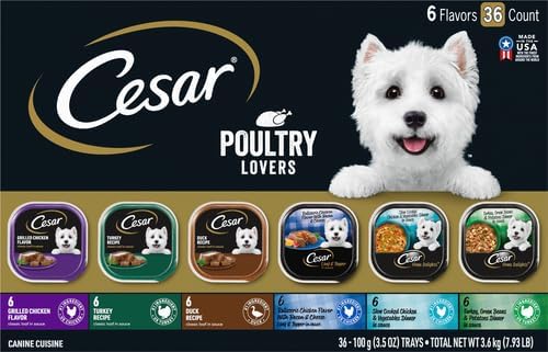 Cesar Classic Loaf in Sauce and Home Delights Adult Wet Dog Food Poultry Lovers Variety Pack with Real Chicken, Turkey or Duck, 3.5 oz. Easy Peel Trays, 36 Count (Pack of 1)