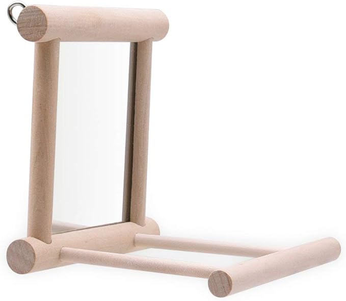 Litewoo Bird Mirror Wooden Hanging Swing Interactive Play Toys for Small Parrot Budgies Macaw African Grey Parakeet Cockatiel Conure Lovebird Cage Accessories (Bird Mirror Perch Stand-ONE)