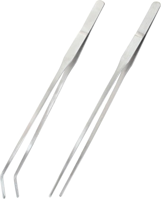 2PCS Stainless Steel Reptile Feeding Tongs, Long Tweezers Aquarium Terrarium Feeder Tools for Reptiles, Lizards, Snakes (Straight and Curved)