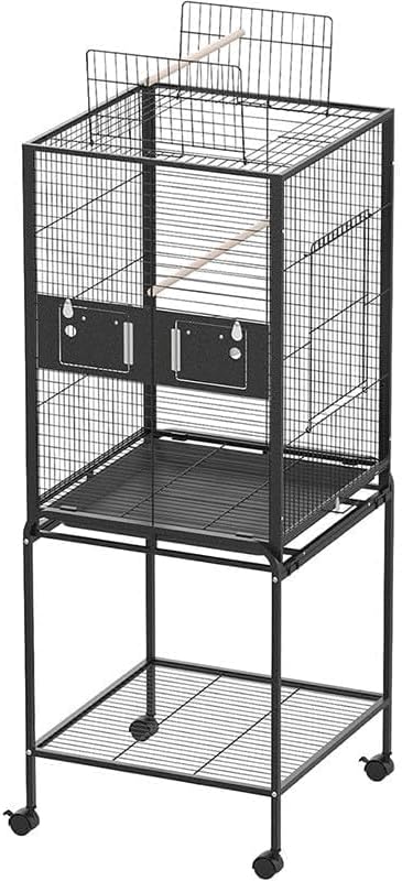 63 Inch Bird Flight Cage, Standing Wrought Iron Bird Cage with Rolling Stand, Wheels, Perches and Bird Feeder, Large Parrot Cage for Cockatiels, African Grey, Parakeets, Conures, Budgies, Lovebirds