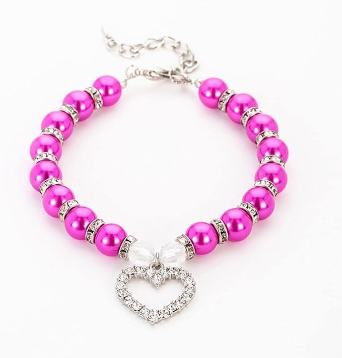 Dog Pearls Collars Crystal Heart Dog Cat Collar, Pet Bling Love Charm Pendant Necklace for Cats Small Dogs Birthday Party Accessories(M,Fuchsia)