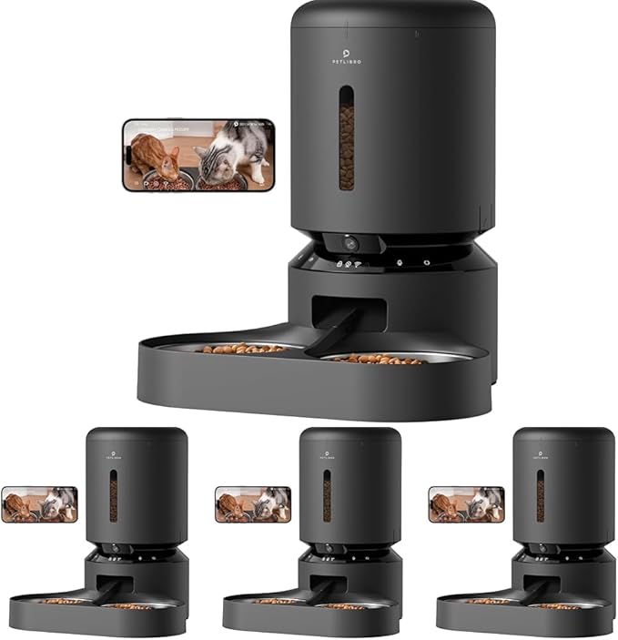 PETLIBRO Automatic Cat Feeder with Camera for Two Cats,1080P HD Video with Night Vision,5G WiFi Pet Feeder-with 2-Way Audio for Cat&Dog,Low Food&Motion-&Sound Alerts,Dual Tray,Black 5L,(Pack of 4)