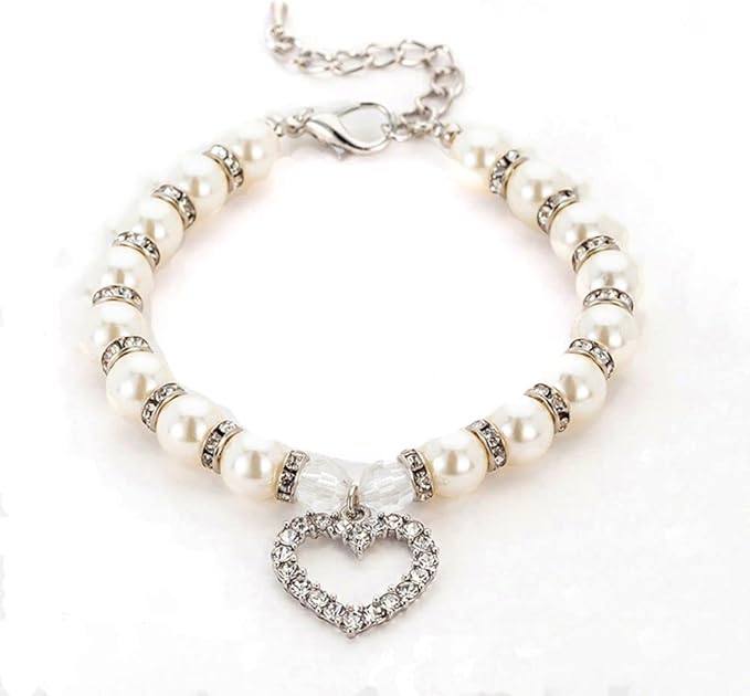 Dog Pearls Collars Crystal Heart Dog Cat Collar, Pet Bling Love Charm Pendant Necklace for Cats Small Dogs Birthday Party Accessories(S,White)
