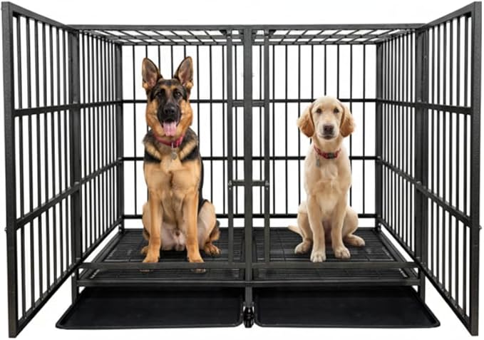 54 inch Heavy Duty Indestructible and Escape-Proof Dog Crate Cage Kennel with Divider for 2 Large Dogs, High Anxiety Dog Crate with Removable Wires Trays and Wheels, Extra Large XL XXL