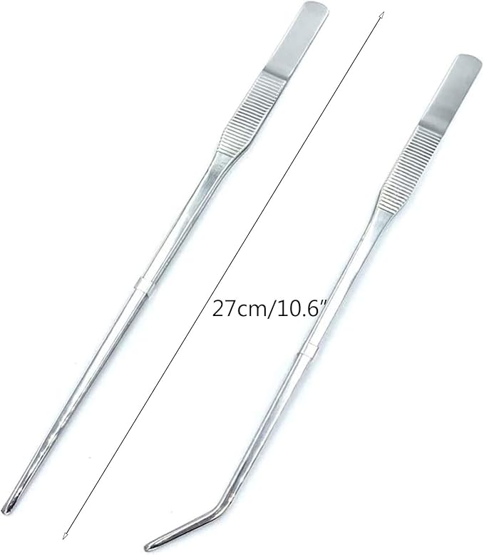 2PCS Aquarium Tweezers Stainless Steel Straight and Curved Tweezers Set Long Handle Reptile Feeding Tongs for Aquatic Plants Lizards Spider Snakes Garden Repairing - 10.6inch, Silver