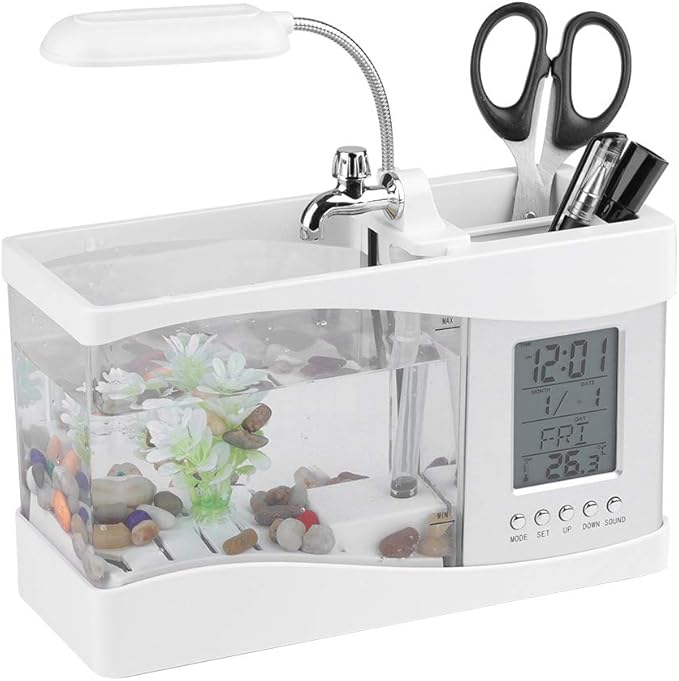 Small Divided Fish Multifunctional USB Rechargeable Mini Fish Aquarium with Clock Function LED Light(White)