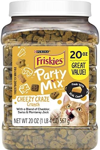 Purina Friskies Party Mix Cat Treats, Cheezy Craze Crunch, Blend of Cheddar, Swiss & Monterey Jack, Cat Treats Made with Real Cheese, 20-Ounce Canister (Pack of 2)