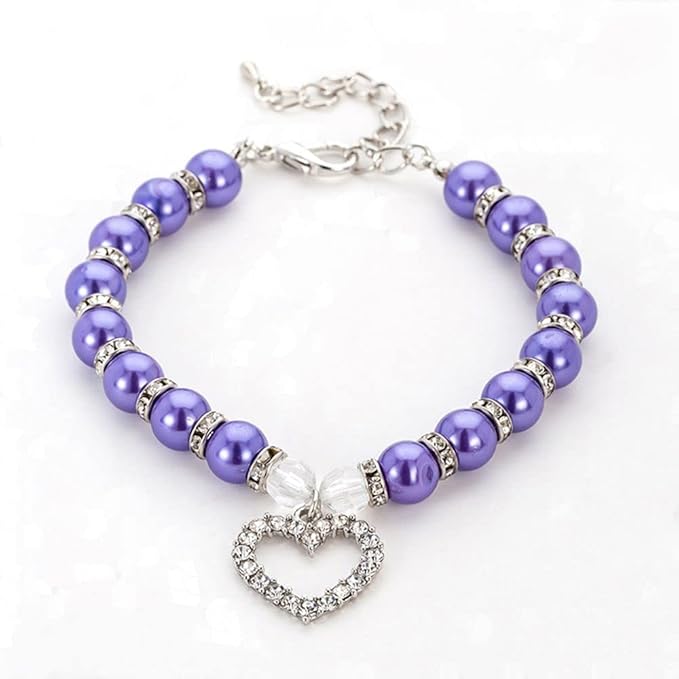 Dog Pearls Collars Crystal Heart Dog Cat Collar, Pet Bling Love Charm Pendant Necklace for Cats Small Dogs Birthday Party Accessories(S,Purple)