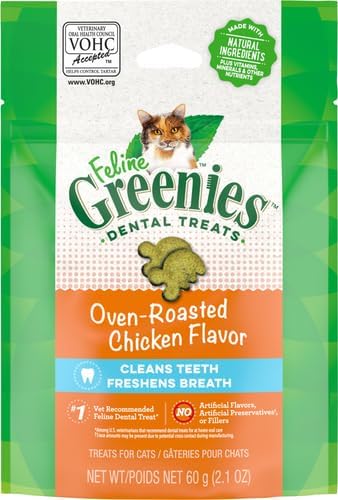 Greenies Cat Treats, Feline Veterinarian-Recommended Adult Natural Dental Cat Treats, Oven Roasted Chicken Flavor, 2.1 oz. Pouch
