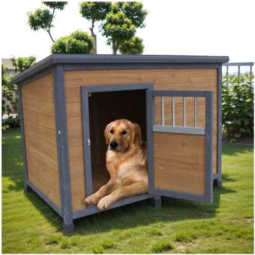 44.2" Large Dog House Outdoor Weatherproof Wooden Dog Kennel, Dog Houses for Large Dogs Outside with XL XLarge Dog House Doghouse, Grey+Yellow