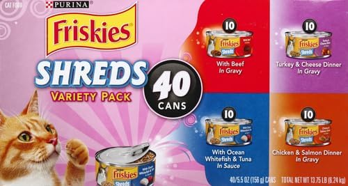 Friskies Purina Wet Cat Food Variety, Shreds with Beef, Turkey & Cheese, Chicken & Salmon Dinner, and with Ocean Whitefish & Tuna, 5.5 oz. Cans (Pack of 80)