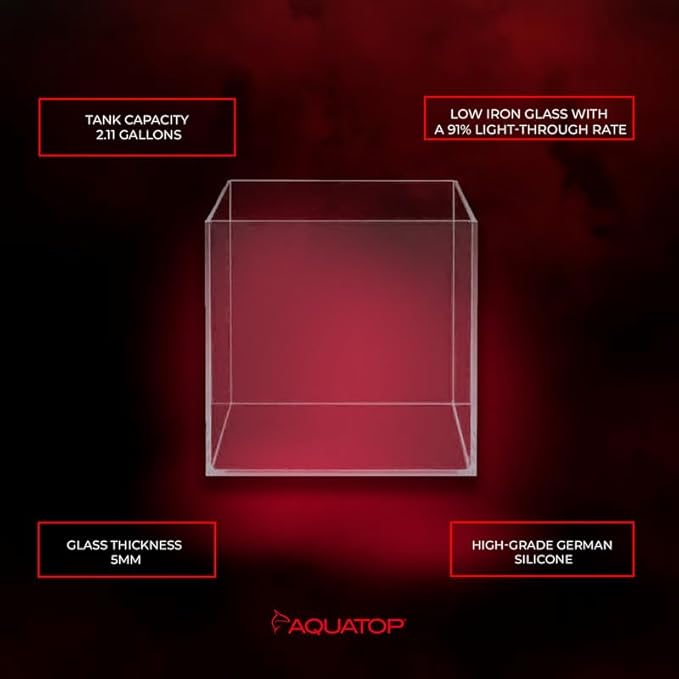 Aquatop High Clarity Low Iron Glass Cube Aquarium, 2.11-Gal – 5mm Thick Glass – Slim Design – Fresh & Saltwater – Desktop Tank with Silicone Sealing