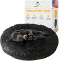 Calming Round Donut Dog Bed Pillow, Washable, Anti Anxiety, Anti-Slip, Cozy Soft Cuddler Comfort Bed with Fluffy Plush Faux Fur for Large Medium Small Sized Dog - Dark Gray, L 35 inch