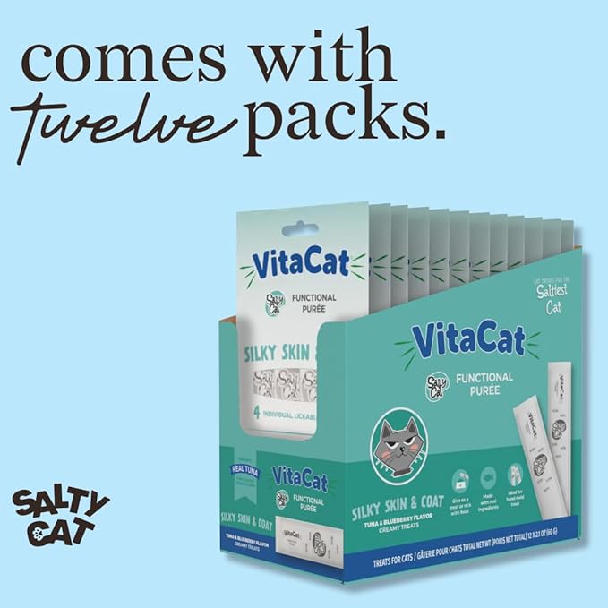 Salty Cat VitaCat Silky Skin & Coat Natural Tuna & Blueberry Functional Tube Treats for Cats (12 Pack)
