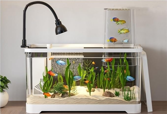 4 Gallon Fish Tank, Small Tabletop Fish Tank, Aquarium with Negative Pressure Tank, Fish Aquarium with Spotlight and Water Pump, Betta Fish Tank Starter Set(White,21.7x11.8x16.6in)