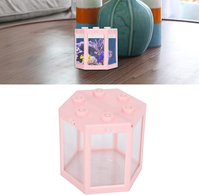 Small Betta Fish Tank, Hex Shape Portable Mini Aquarium Tank, Fish Tank Starter Kits Fish Bowl Aquarium Starter Kits for Turtle Reptile Shrimp Moss Crab Insects Habitat as Decoration(Pink)