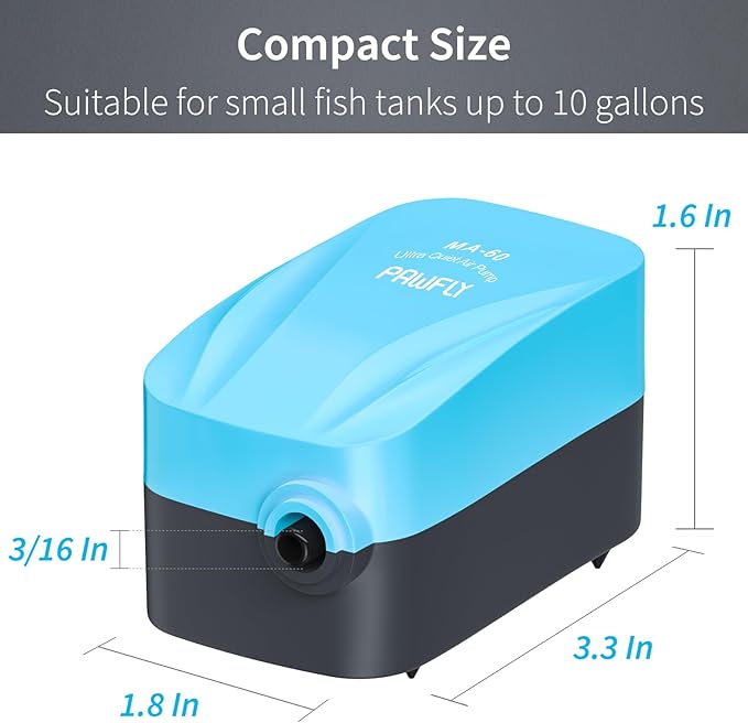 Pawfly Aquarium Compact Air Pump 15-40 GPH Quiet Oxygen Pump for 3-20 Gallon Fish Tanks Aerator Pump with Air Stone Disc Nano Bio Sponge Filter Airline Tubing and Check Valve Accessories