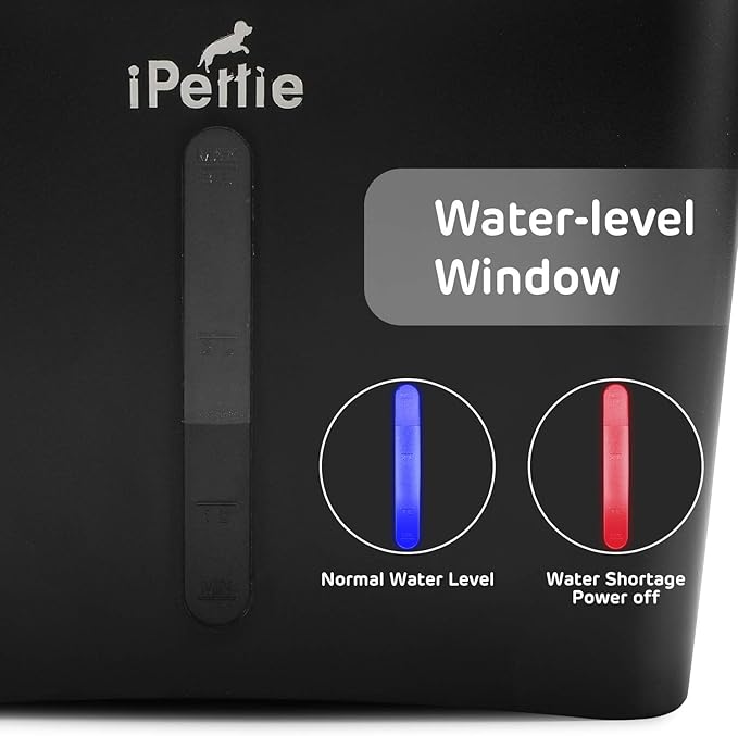 iPettie Kamino Cat Water Fountain, 101oz/3L, Ultra-Quiet Filtered Water Purifier, Automatic Waterer Dispenser with LED & Water Level Window, Auto Power Off USB Pump & Dual Filters for Pets, Black