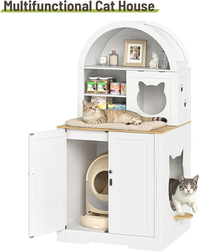 63" Large Cat Litter Box Enclosure Furniture, Arched Hidden Litter Box Cabinet with 3 Storage Shelves and Ventilation Holes, Wooden Cat House with Flip-Up Door, White and Natural