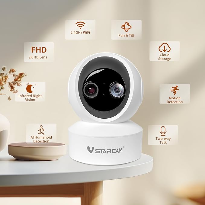 VSTARCAM 2K HD Pet Camera with Phone App, Indoor Camera for Home Night Vision, 2-Way Audio, Motion Detection, 2.4G WiFi Dual Monitor, 7/24 Recording, Cloud/SD Card Storage