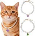 Cat Dog Sparkle Jewelry Pearl Collar Puppy Kitten Rhinestone Pendant Adjustable Charm Necklace for Small Pets Wedding Photography 2 Pack (Purple and Emerald Green)