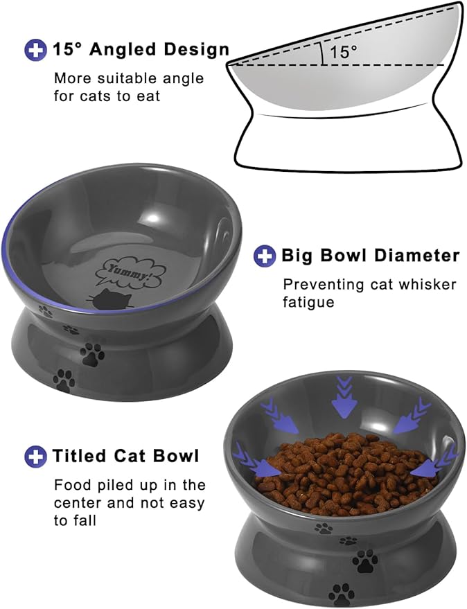 Y YHY Raised Cat Food Bowl, Ceramic Elevated Bowl, Protects Cat's Spine, Anti Vomiting, Backflow Prevention, Grey