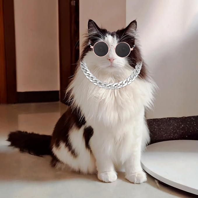 Cat Costume Sunglasses with Collar Chain, Retro Pet Eyeglasses Funny Kittens Costume Docorations Cosplay Dog Puppies Photo Props for Birthday (Silver)