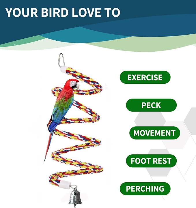 63'' Bird Rope Perches Birdcage Swing Toys 100% Cotton Natural Bird Perch Peck/Chewing with Vintage Bell Climbing Standing Bungee Parrot Toys for Small to Regular Size Parrot Cockatiel Birds