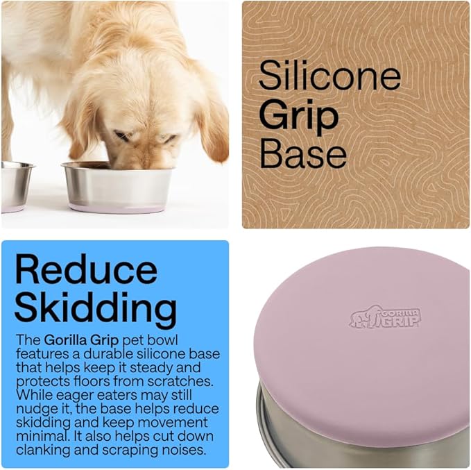 GORILLA GRIP Dog Bowls, Heavy Duty 304 Stainless Steel, Holds 6 Cups Each (48 fl oz) Food and Water Bowl for Feeding Dogs and Cats, Dishwasher Safe, Rust Resistant, BPA Free Rubber Base Set of 2 Pink