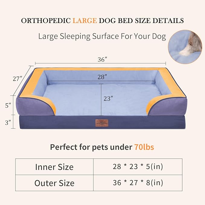 Comfort Expression Orthopedic Dog Bed for Large Dogs 36x27 Inch, Waterproof Egg Crate Foam Large Pet Bed with Removable Bolsters, Dog Couch with Washable Cover & Non-Slip Bottom, Twilight Wave