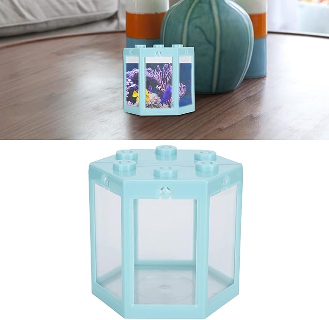 Small Betta Fish Tank, Hex Shape Portable Mini Aquarium Tank, Fish Tank Starter Kits Fish Bowl Aquarium Starter Kits for Turtle Reptile Shrimp Moss Crab Insects Habitat as Decoration(Blue)