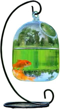 Transparent Hanging Glass Aquarium Fish Tank Bowl - Stylish Round/Rectangle Shape with Rack Holder for Home Decoration(Black-01)