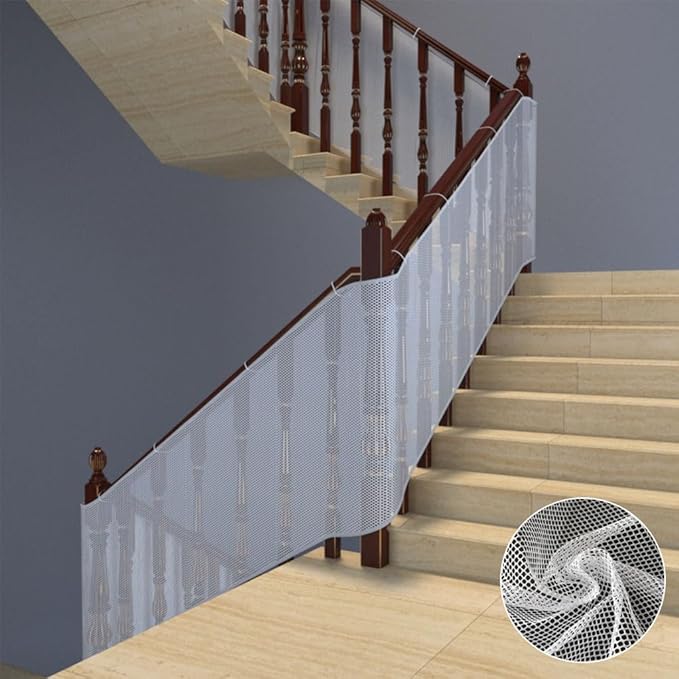 Banister Guard 10 ft L x 2.6 ft H Balcony Netting for Pets Stairs Railing Nylon Net Stairway Balcony Mesh Netting Banister Stair Net Balcony Safety Net Stair Guard for Indoor & Outdoor(White)