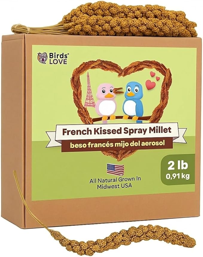 Birds LOVE 2lbs French Kissed Spray Millet for Birds – Harvested in France & Packed in The USA – 100% Natural & Sun‑Dried Millet Spray for Parakeets, Cockatiels, Conures, Parrots & Budgies