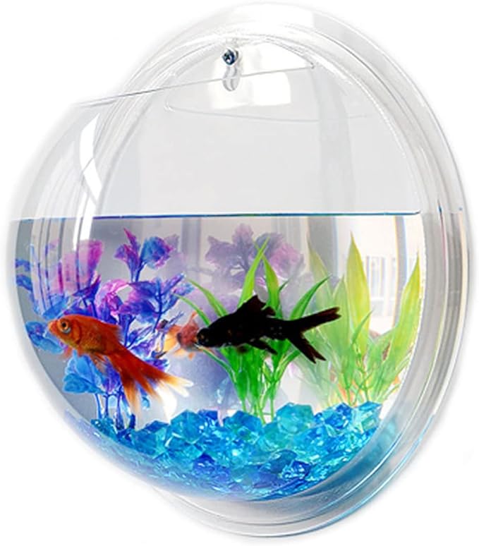 Wall Fish Tank, Betta Mini Garden Air Aquarium, Bubble Water Round Bowl Cups Semi- Farming Wall Goldfish Acrylic Decoration Hanging Transparent 3Pcs